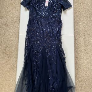 Navy sequin wedding guest gown